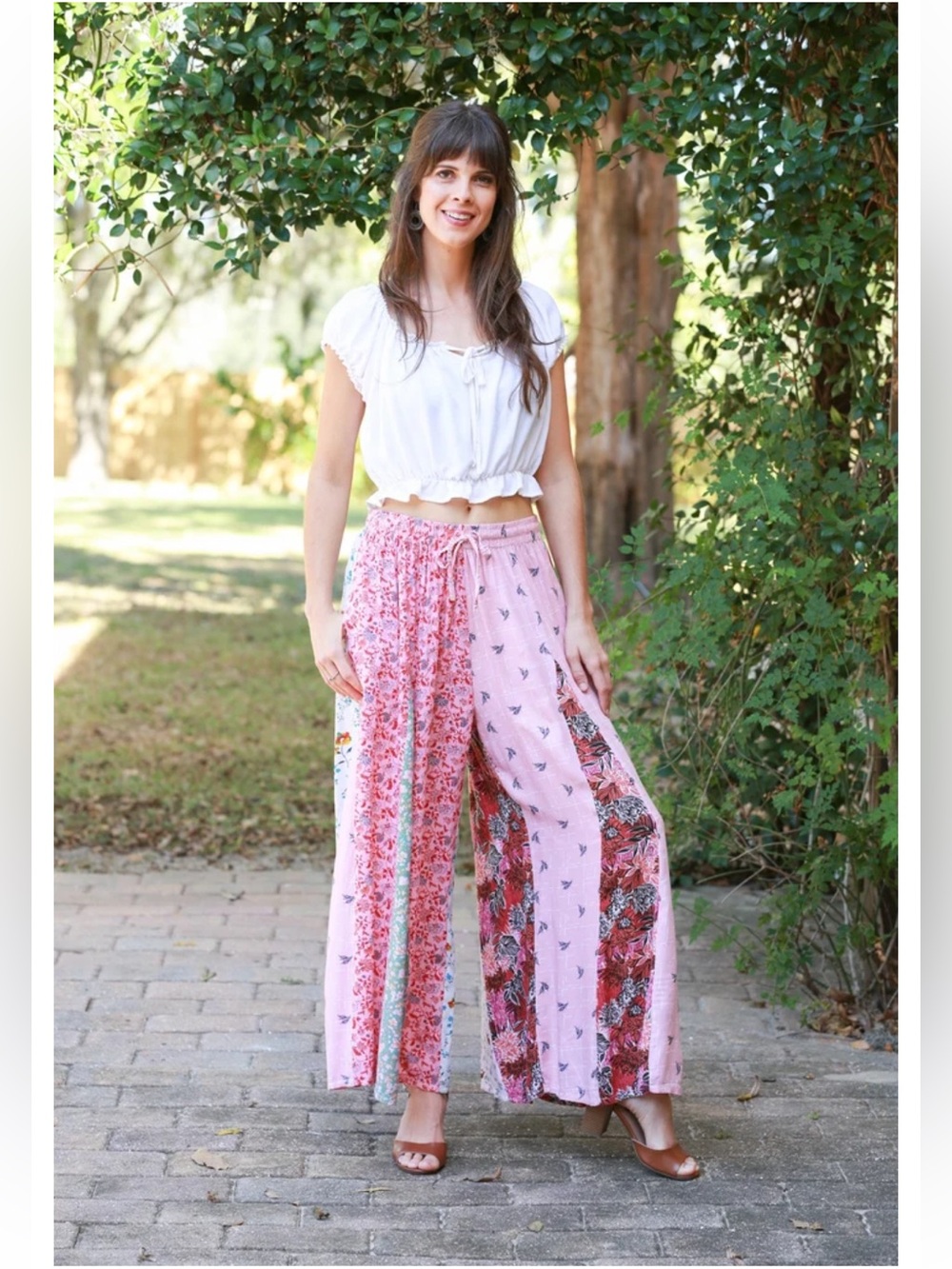 42. NWT Sacred Threads Petal Harmony Pink Floral Patchwork Wide-Leg Pants